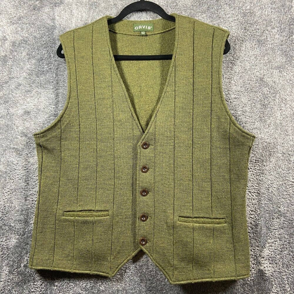 Orvis Wool Vest Mens Medium Olive Green Button Up Formal Mafia Preppy Grandpa